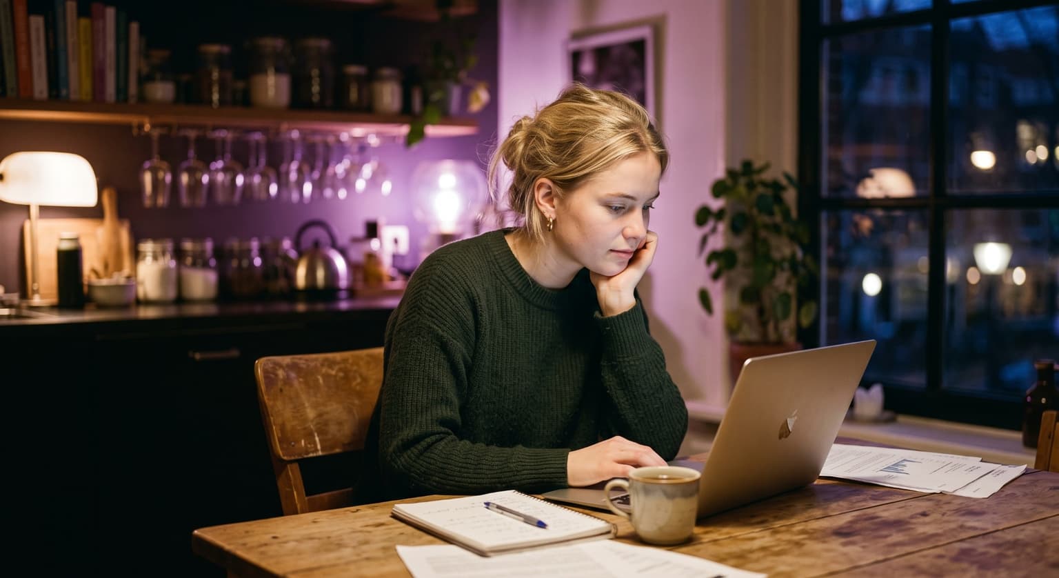 Een vrouw oefent 's avonds aan de keukentafel op haar laptop